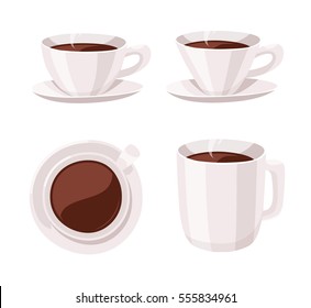 Set of Cartoon Style Cup. Vector Illustration Liquid Chocolate. Hand Drawn Caffeine Drinks. Hot and Fresh Black Coffee, Espresso, Mocha, Latte