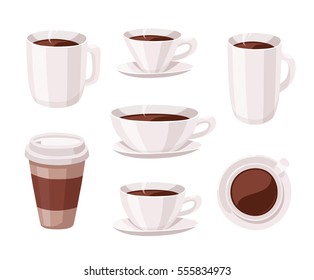 Set of Cartoon Style Cup. Vector Illustration Liquid Chocolate. Hand Drawn Caffeine Drinks. Hot and Fresh Black Coffee, Espresso, Mocha, Latte