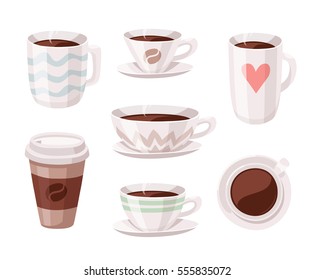 Set of Cartoon Style Cup. Vector Illustration Liquid Chocolate. Hand Drawn Caffeine Drinks. Hot and Fresh Black Coffee, Espresso, Mocha, Latte