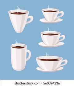 Set of Cartoon Style Cup. Vector Illustration Liquid Chocolate. Hand Drawn Caffeine Drinks. Hot and Fresh Black Coffee, Espresso, Mocha, Latte