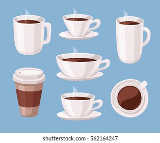 Set of Cartoon Style Cup. Vector Illustration Liquid Chocolate. Hand Drawn Caffeine Drinks. Hot and Fresh Black Coffee