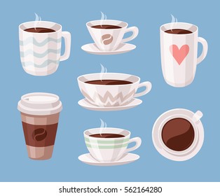 Set of Cartoon Style Cup. Vector Illustration Hand Drawn Caffeine Drinks. Hot and Fresh Black Coffee