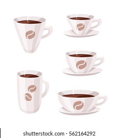 Set of Cartoon Style Cup. Vector Illustration Hand Drawn Caffeine Drinks. Hot and Fresh Black Coffee
