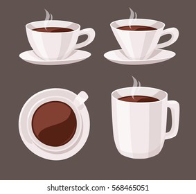 Set of Cartoon Style Cup. Vector Illustration Hot and Fresh Black Coffee. Hand Drawn Caffeine Drinks