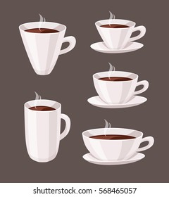 Set of Cartoon Style Cup. Vector Illustration Hot and Fresh Black Coffee. Hand Drawn Caffeine Drinks