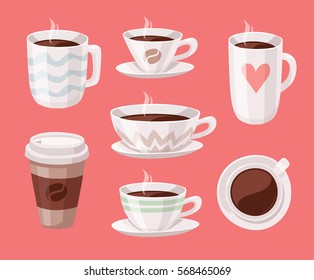 Set of Cartoon Style Cup. Vector Illustration Hot and Fresh Black Coffee. Hand Drawn Caffeine Drinks