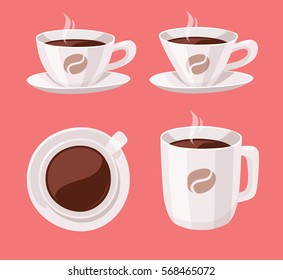 Set of Cartoon Style Cup. Vector Illustration Hot and Fresh Black Coffee. Hand Drawn Caffeine Drinks