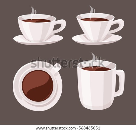 Set of Cartoon Style Cup. Vector Illustration Hot and Fresh Black Coffee. Hand Drawn Caffeine Drinks
