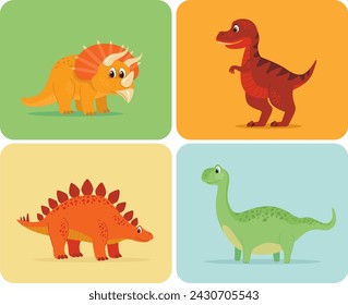 set of cartoon style dinosaurs including T-rex, Brontosaurus, Triceratops, Stegosaurus