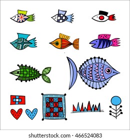 set cartoon style drawn fishes for children's birthday decoration, sports equipment, interior decoration nautical theme