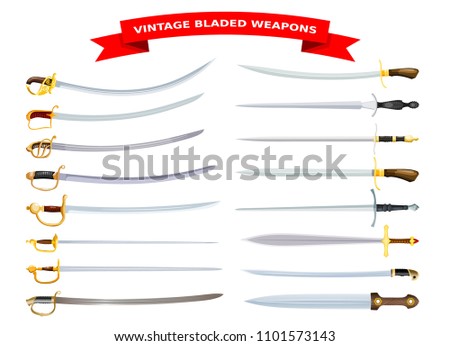 Set of cartoon style edged weapons on white background collection of sabers isolated object vector illustration