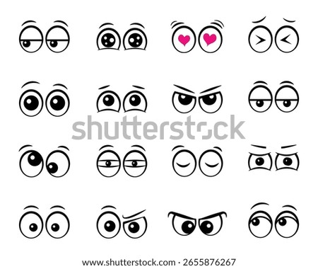 set of cartoon style eyes vector black and white cartoon emojis set with different expressions looking in all directions set of eyes for animation eye emoji vector or transparent background png