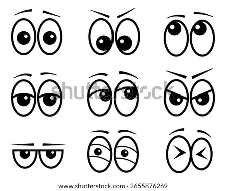 set of cartoon style eyes vector black and white cartoon emojis set with different expressions looking in all directions set of eyes for animation eye emoji vector or transparent background png
