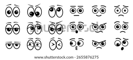 set of cartoon style eyes vector black and white cartoon emojis set with different expressions looking in all directions set of eyes for animation eye emoji vector or transparent background png