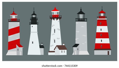 Set Of Cartoon Style Flat Lighthouses. Vector Illustration
