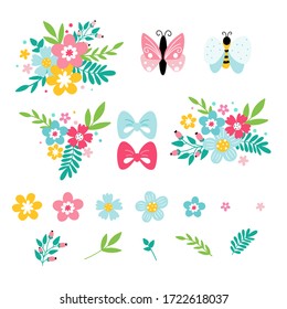 Set of cartoon style flowers and butterflies in bright Spring colors. Cute summer garden and nature elements for girls, isolated on white background.
