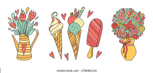 Set of cartoon style flowers and ice cream in bright colors. Includes caterpillar and butterfly. Isolated on white for greeting cards, Easter, thanksgiving, scrap booking.