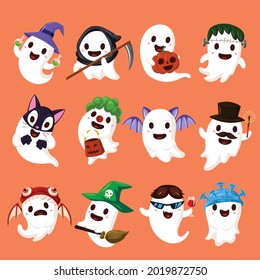 conjunto de dibujos animados estilo halloween fantasma divertido con disfraces diferentes