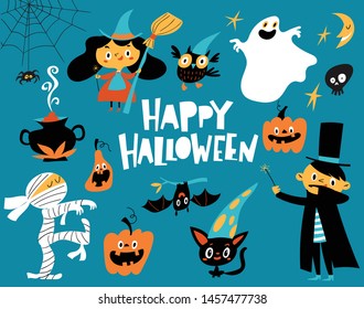 Set of cartoon style Halloween design symbols and Happy Halloween lettering. Funny halloween design elements. 