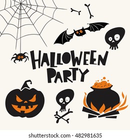 Set of cartoon style Halloween design symbols and Halloween party lettering. Funny halloween elements. 