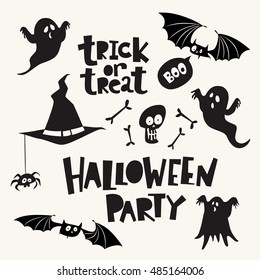 Set of cartoon style Halloween design symbols and calligraphy. Funny halloween elements. 
