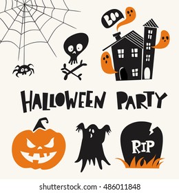 Set of cartoon style Halloween design symbols and Halloween party calligraphy. Funny halloween design elements. 