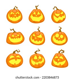 A set of cartoon style halloween jack-o'-lanterns carved out pumpkins isolated on white background.