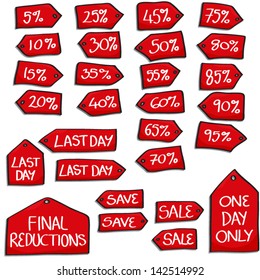 Set of Cartoon Style hand drawn sales tags with hand written text. Vector Version.