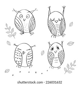 Set of cartoon style hand drawn owls