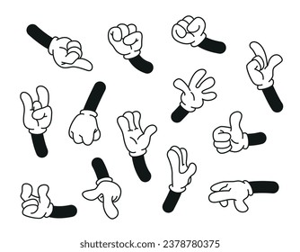 set of cartoon style hands in gloves, different emotionssymbols vector illustration objects isolated on a white background