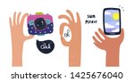 Set of cartoon style hands holding a photo camera and smartphone. Ok sign. Hand drawn vector trendy illustration. Flat design. All elements are isolated