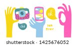 Set of cartoon style hands holding a photo camera and smartphone. Ok sign. Hand drawn bright vector trendy illustration. Flat design. All elements are isolated