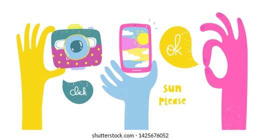 Set of cartoon style hands holding a photo camera and smartphone. Ok sign. Hand drawn bright vector trendy illustration. Flat design. All elements are isolated