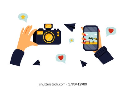 Set of cartoon style hands holding a photo camera and smartphone. Ok sign. Hand drawn bright vector trendy illustration. Flat design. All elements are isolated