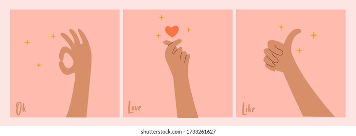 Set von Händen im Cartoon-Stil. Ok, wie, Liebeszeichen. Handgezeichnete, helle Vektorgrafik. Flachdesign. Alle Elemente sind isoliert