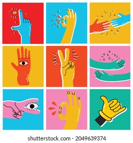 Set of cartoon style hands with Ok, Cool, friendship signs. Hand drawn vector trendy illustration. Flat design.