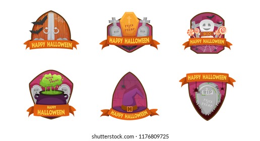 Set of cartoon style Happy Halloween labels and budges.with pumpkin heads. old scary  medieval doors, coffin, witch hat, tombstone, cauldron, ghost,  bat . stickers, paper cut tags. 