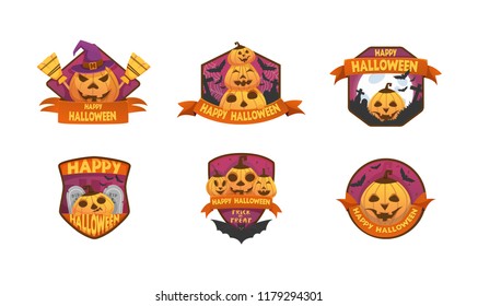 Set of cartoon style Happy Halloween labels and badges.with pumpkin heads. old scary  medieval doors, coffin, witch hat, tombstone, cauldron, ghost,  bat . stickers, paper cut tags. 