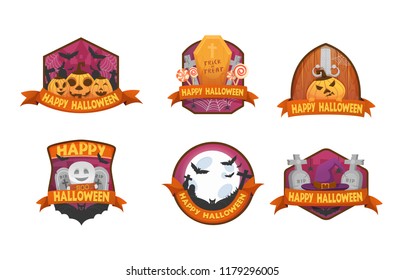 Set of cartoon style Happy Halloween labels and badges.with pumpkin heads. old scary  medieval doors, coffin, witch hat, tombstone, cauldron, ghost,  bat . stickers, paper cut tags. 