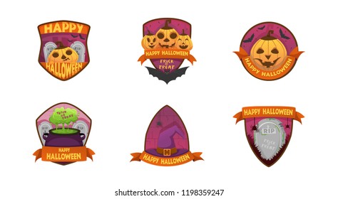Set of cartoon style Happy Halloween labels and budges.with pumpkin heads. old scary  medieval doors, coffin, witch hat, tombstone, cauldron, ghost,  bat . stickers, paper cut tags.
