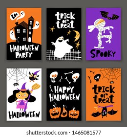 Set of cartoon style Happy Halloween posters or cards with cute characters and symbols. Funny halloween designs