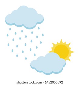 Conjunto de iconos de dibujos animados sol y lluvia con nubes aisladas en fondo blanco. Ilustración del clima lluvioso soleado. Diseño plano vectorial simple nube de signos cubierto sol. El sol de color se muestra detrás de una nube.