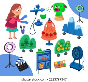 Set of cartoon style icons. Character and objects, movie set in film studio. Cute girl artist sculpting, monster mask, airbrush for makeup, scenery, windbreaker, clapper. Vector illustrations.
