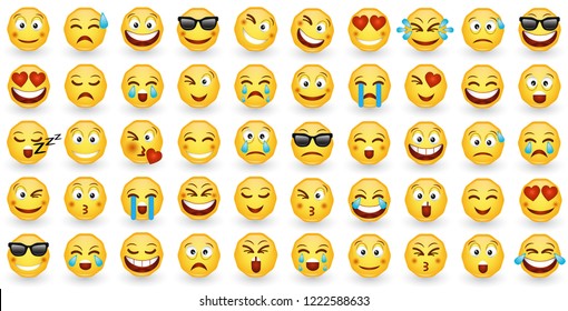 Set cartoon style icons smile emoticons isolated on white background. Stickers smile characters and emojis. Collection of emoticon badge, signs and symbols used in social media chats. EPS 10.