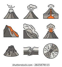 A set of cartoon style illustrations depicting various types of volcanoes and geological phenomena related to volcanic activity.