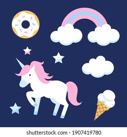 Set of cartoon style isolated objects. Unicorn, rainbow, cloud, ice cream and donut