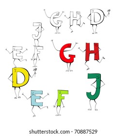 Set of cartoon style letters E, F, J, G, H, D