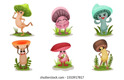 Set Of Cartoon Style Magic Mushrooms With Different Patterns Vector Illustrations