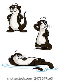 Set of cartoon style otter character. Isolated on white background.