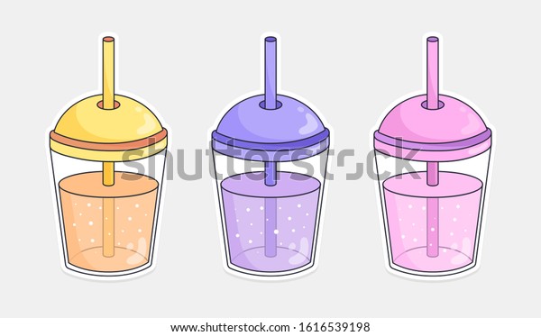 Set cartoon style plastic cups. Cups\
stickers. Vector\
illustration.